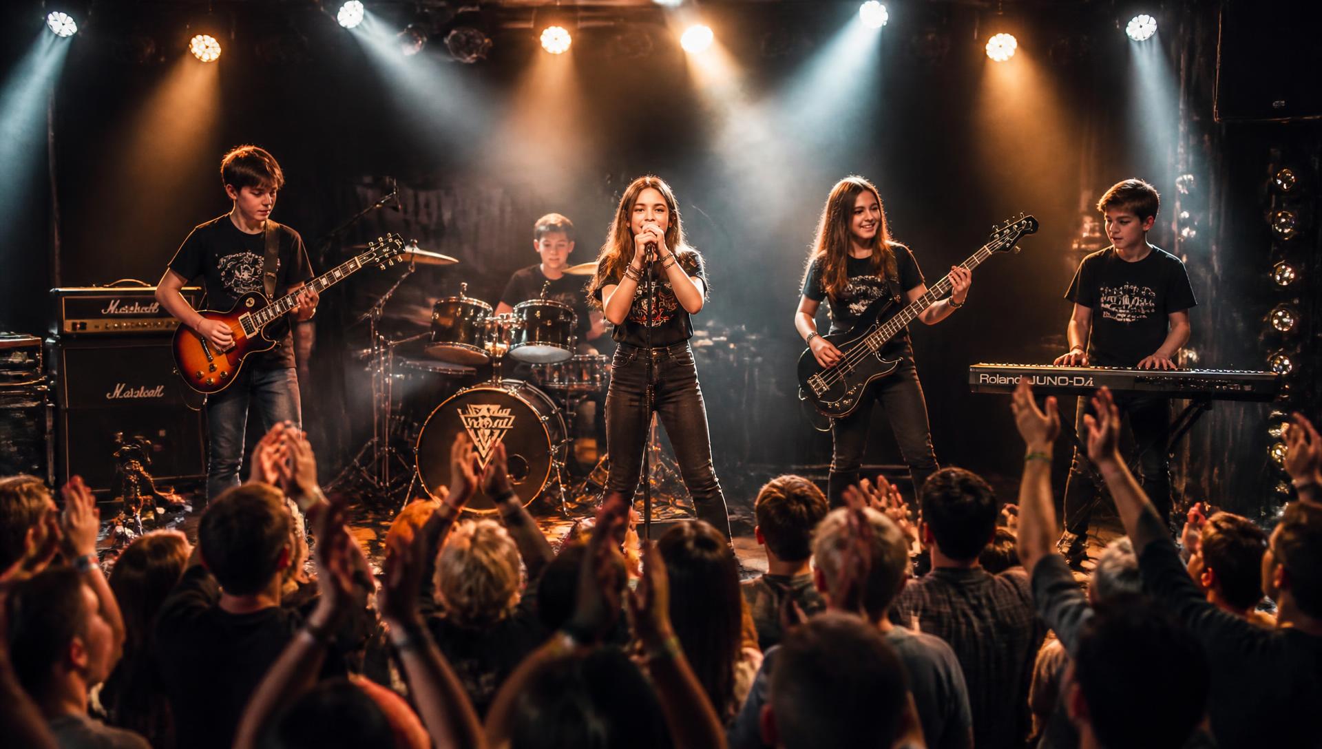Young Viva Music Academy students performing live on stage as a band to a cheering audience